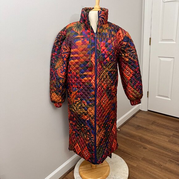 Farm Rio Mixed Patchwork Reversible Quilted Midi Puffer Coat Sz M - Picture 16 of 16
